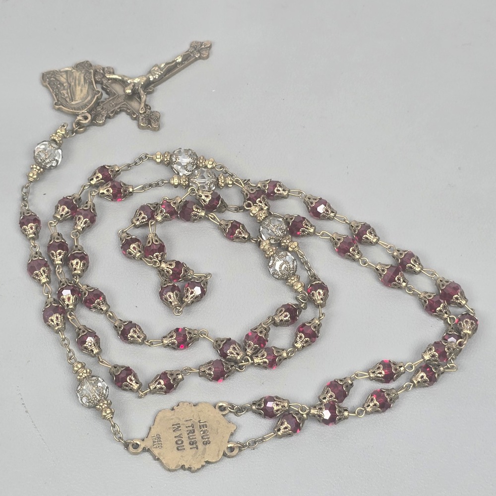 Vintage Creed Italy Rosary Cross Necklace Ruby Red Crystal Beads St Faustina